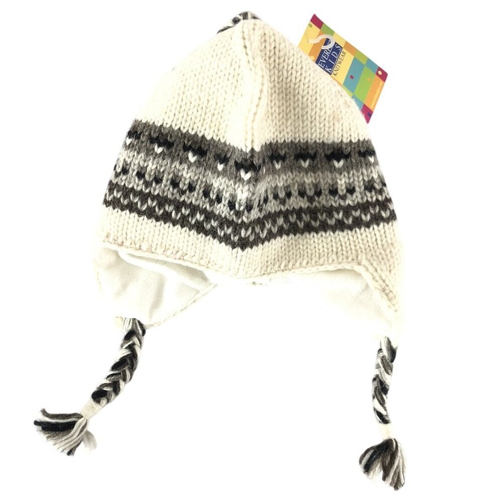 Everest Kids Hat Ear Flaps Wool Fleece Lined Knit Ivory Gray One Size